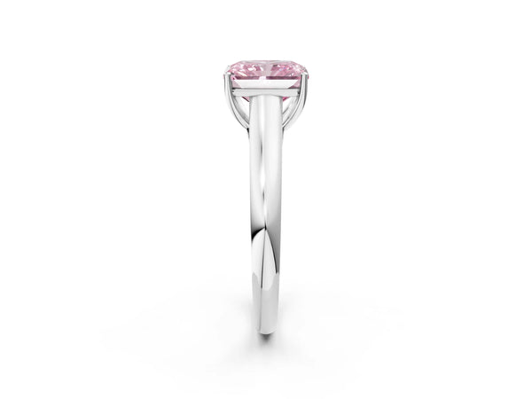 Platinum Fancy Pink Radiant Cut Cut Diamond Solitaire Engagement Ring with Tapered Plain Band and Four-Prong Setting