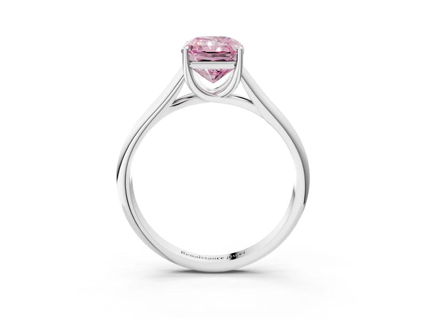 Platinum Fancy Pink Radiant Cut Cut Diamond Solitaire Engagement Ring with Tapered Plain Band and Four-Prong Setting