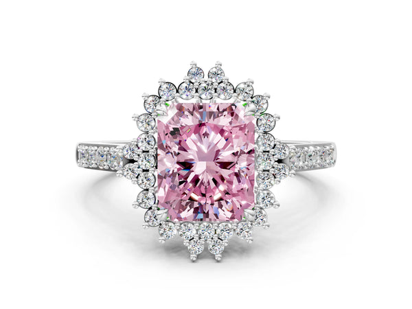 White gold Fancy Pink Radiant Cut Cut Diamond Sunburst Halo Engagement Ring with Pavé Band