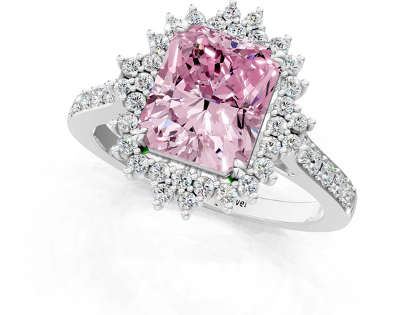White gold Fancy Pink Radiant Cut Cut Diamond Sunburst Halo Engagement Ring with Pavé Band