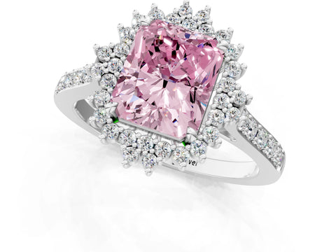 White gold Fancy Pink Radiant Cut Cut Diamond Sunburst Halo Engagement Ring with Pavé Band_13