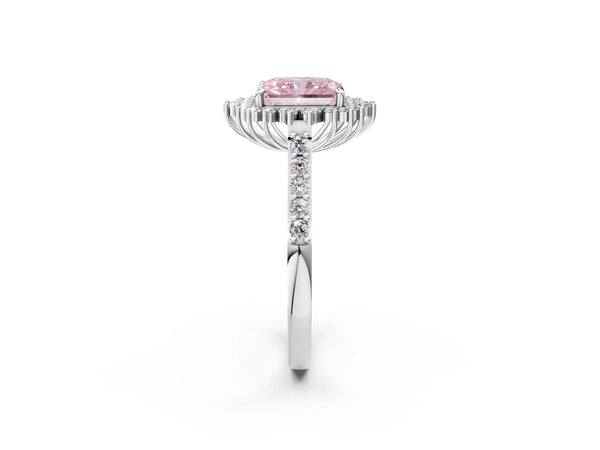 White gold Fancy Pink Radiant Cut Cut Diamond Sunburst Halo Engagement Ring with Pavé Band