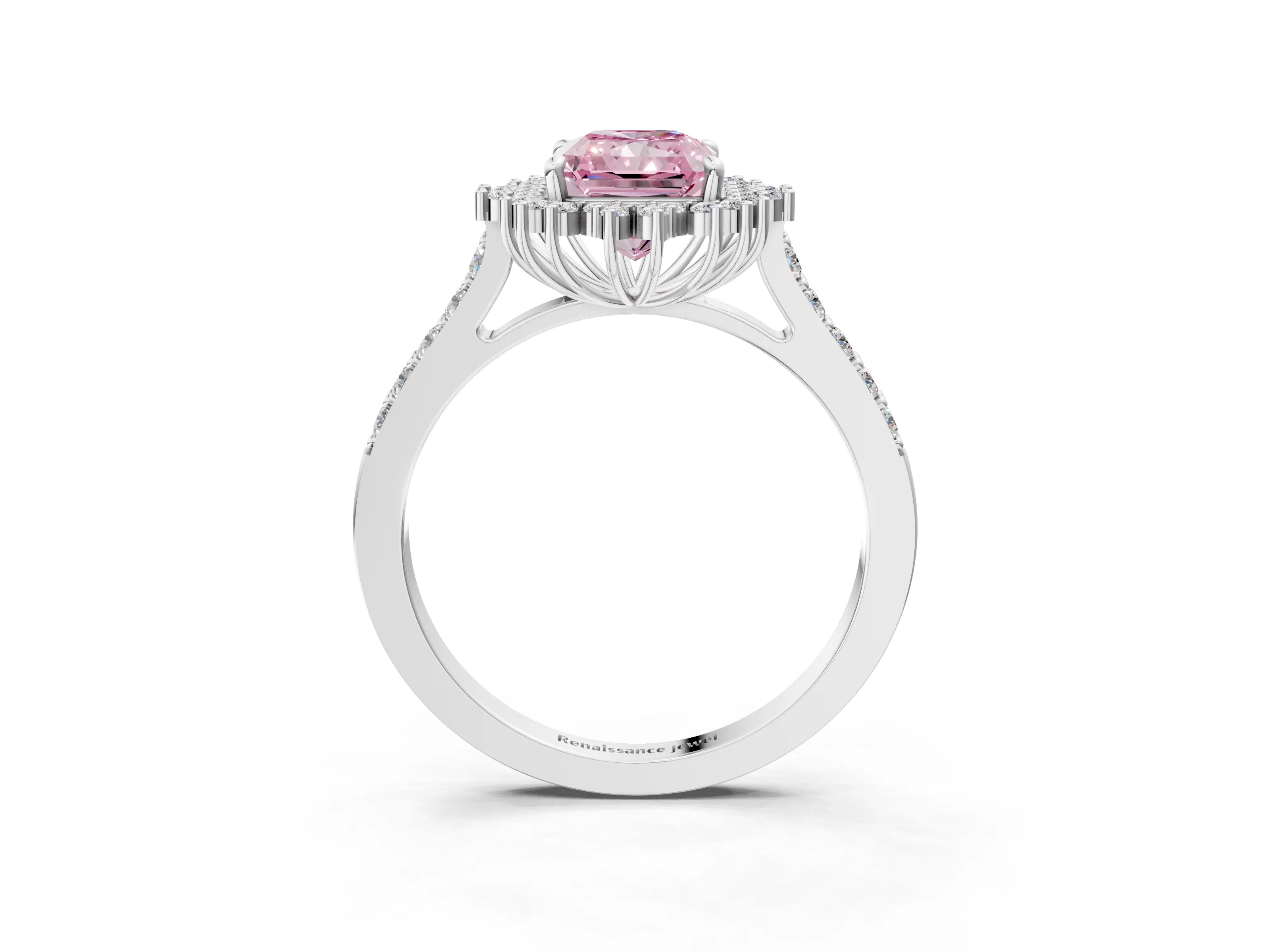 White gold Fancy Pink Radiant Cut Cut Diamond Sunburst Halo Engagement Ring with Pavé Band_15