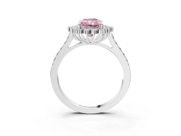 White gold Fancy Pink Radiant Cut Cut Diamond Sunburst Halo Engagement Ring with Pavé Band