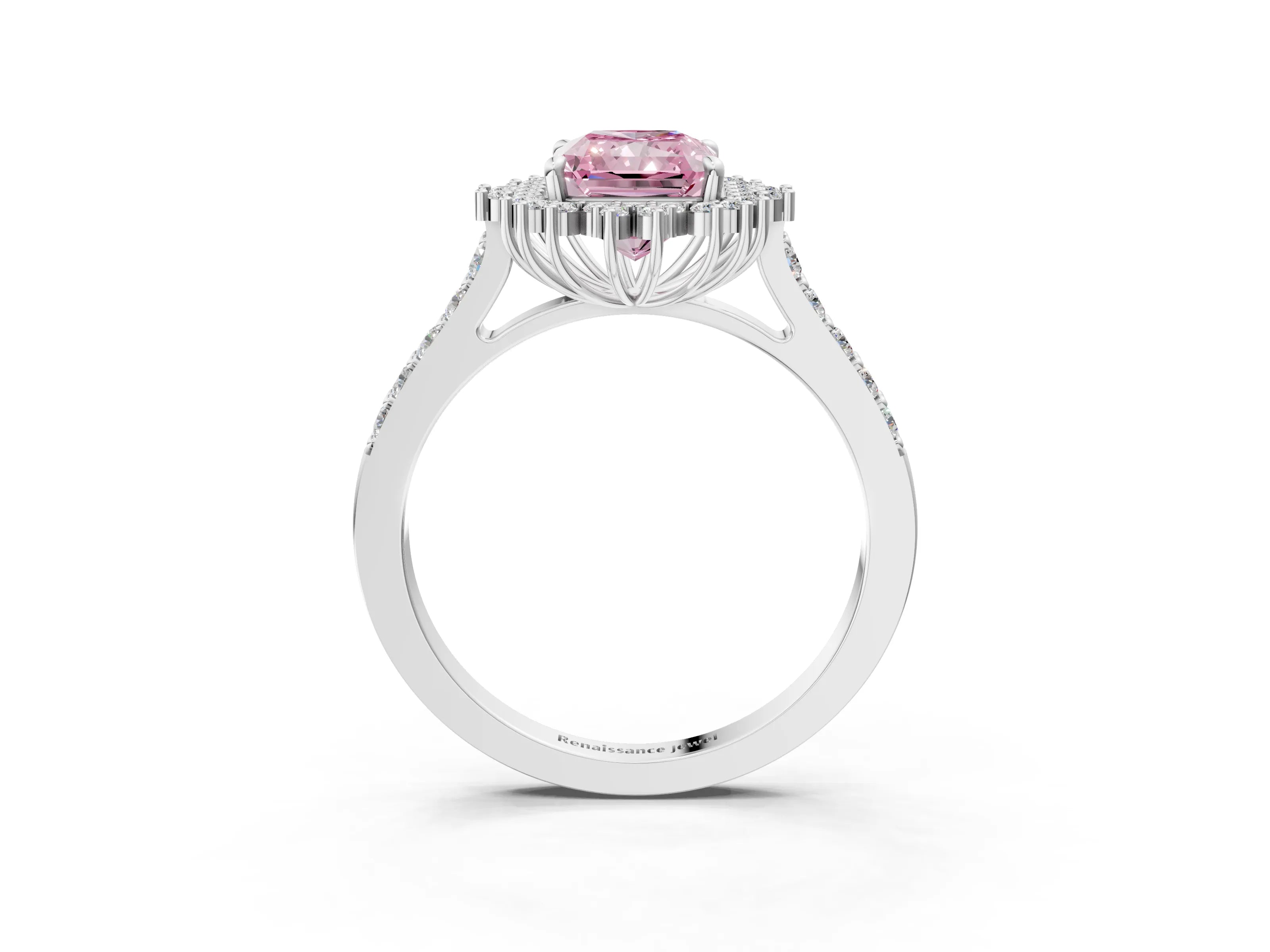 White gold Fancy Pink Radiant Cut Cut Diamond Sunburst Halo Engagement Ring with Pavé Band_3