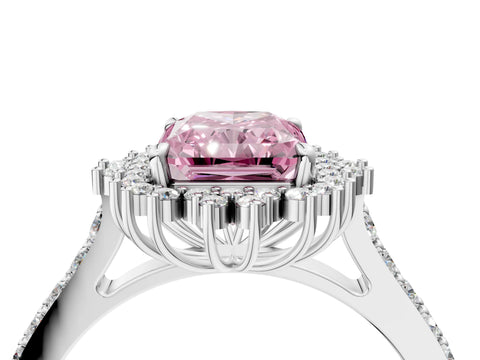 White gold Fancy Pink Radiant Cut Cut Diamond Sunburst Halo Engagement Ring with Pavé Band_4