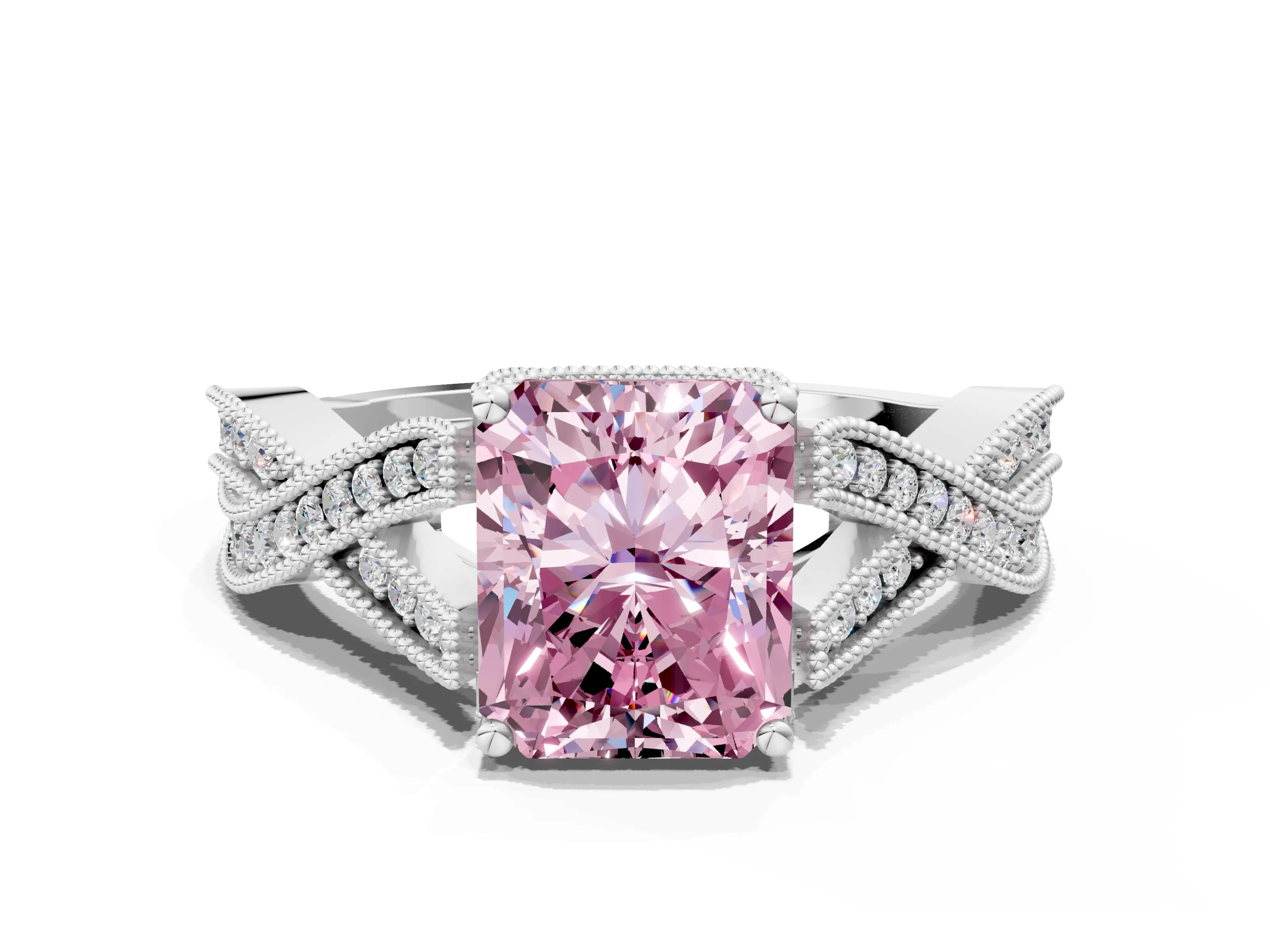 White gold Fancy Pink Radiant Cut Cut Diamond Twisted Band with Milgrain Pave Setting and Four-Prong Setting
