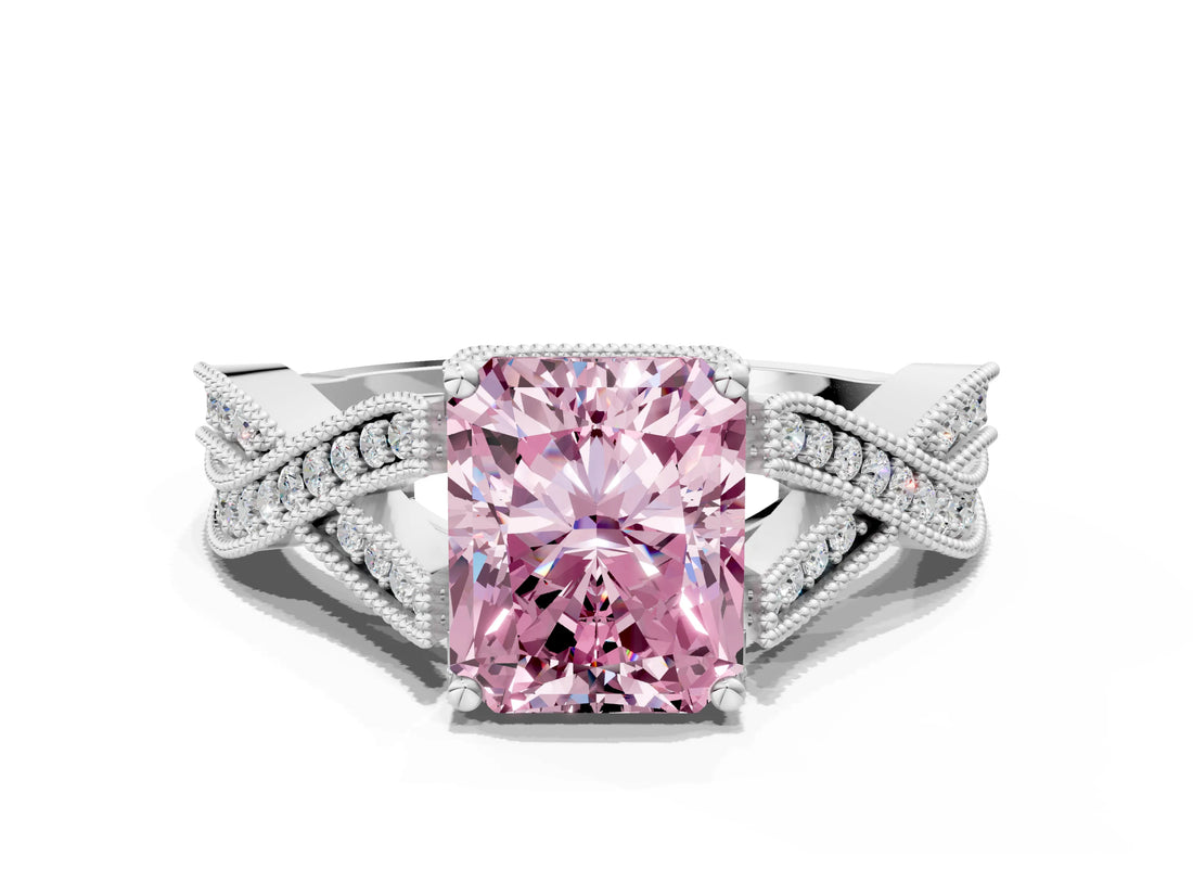 White gold Fancy Pink Radiant Cut Cut Diamond Twisted Band with Milgrain Pave Setting and Four-Prong Setting