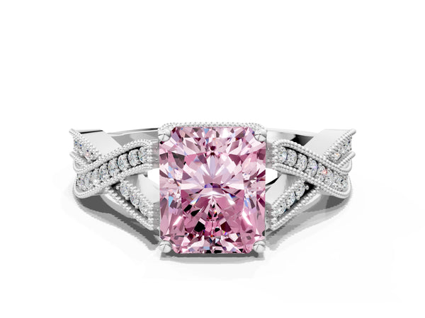 White Gold Radiant Cut Graduated Pave Twist Engagement Ring Setting for Fancy Pink Center