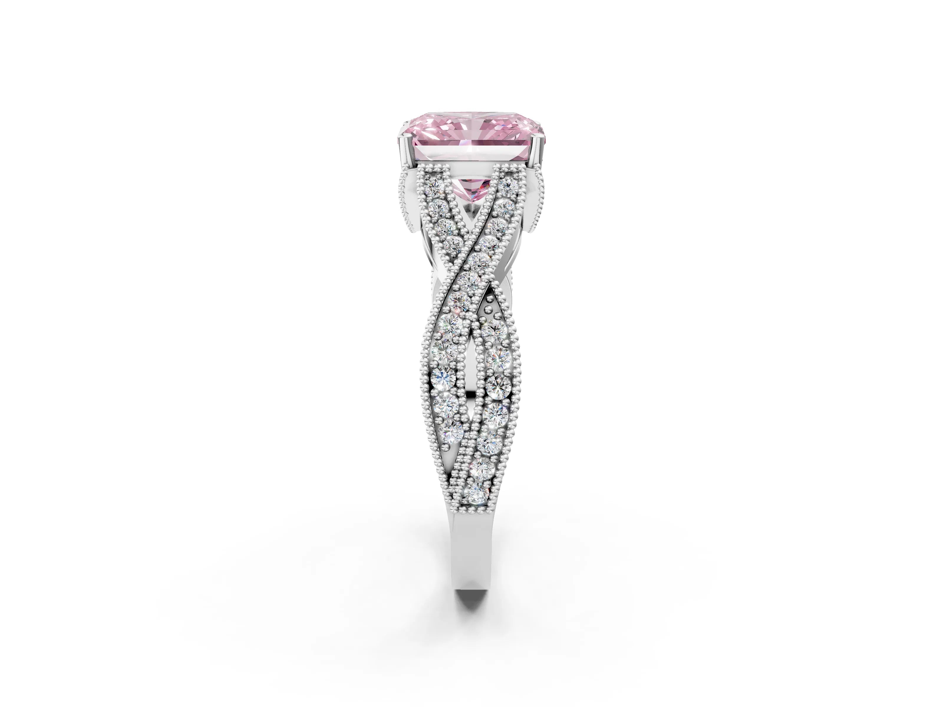 White gold Fancy Pink Radiant Cut Cut Diamond Twisted Band with Milgrain Pave Setting and Four-Prong Setting_14