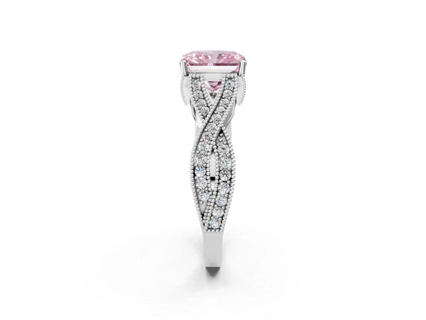 White Gold Radiant Cut Graduated Pave Twist Engagement Ring Setting for Fancy Pink Center