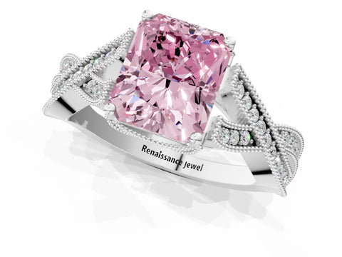 White gold Fancy Pink Radiant Cut Cut Diamond Twisted Band with Milgrain Pave Setting and Four-Prong Setting_1