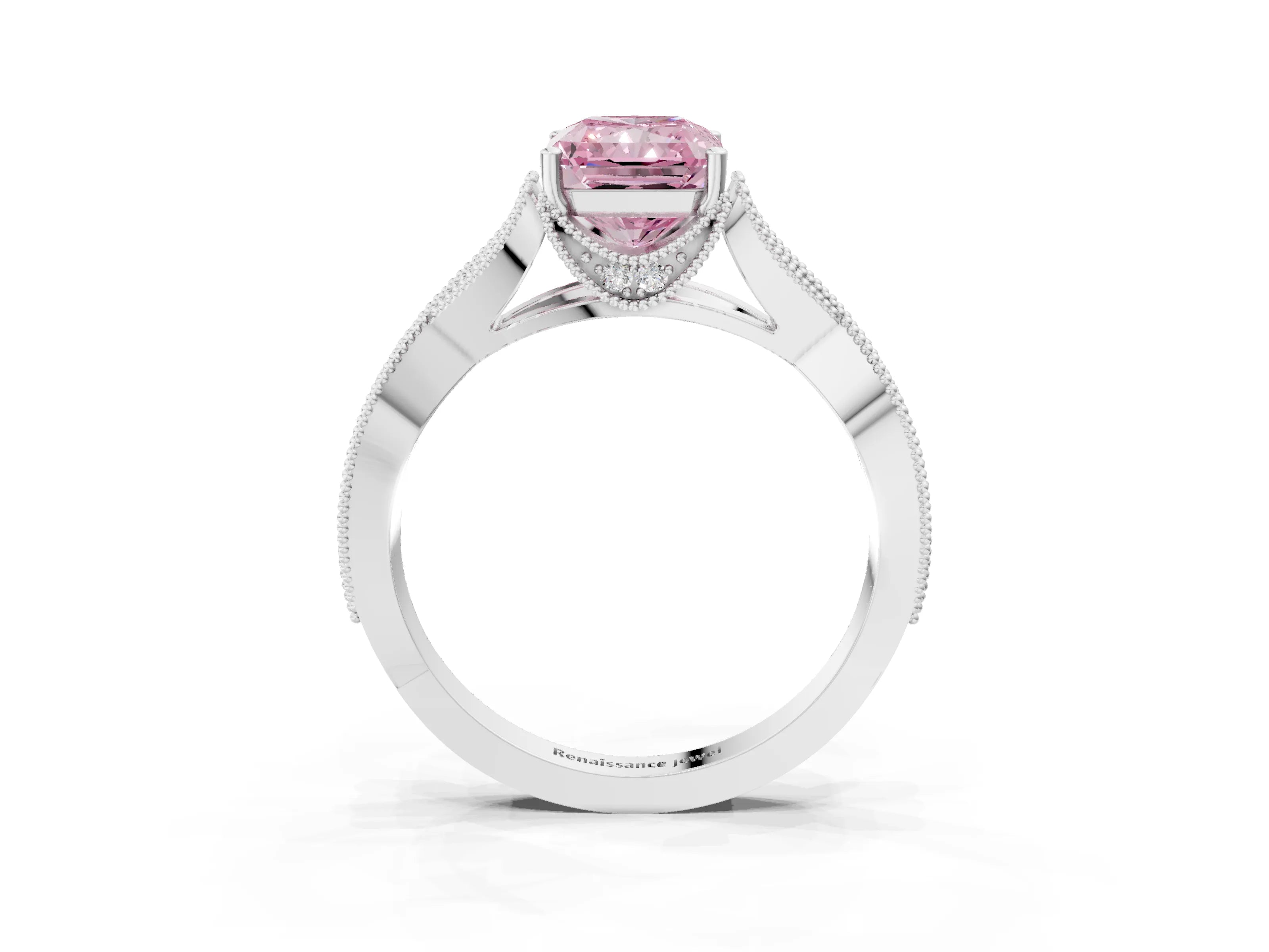 White gold Fancy Pink Radiant Cut Cut Diamond Twisted Band with Milgrain Pave Setting and Four-Prong Setting_3