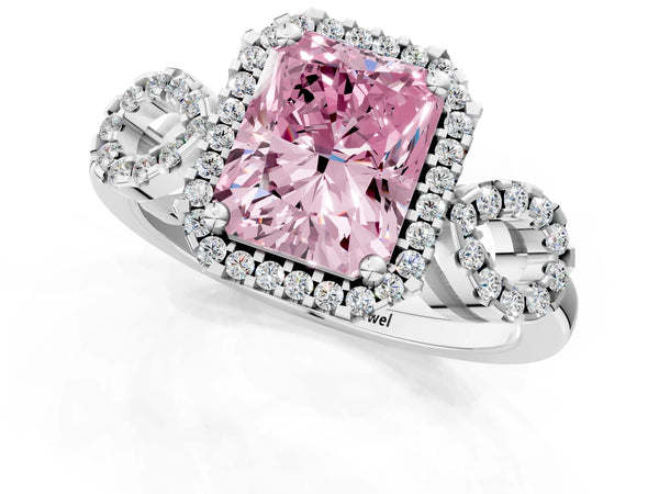 White gold Fancy Pink Radiant Cut Cut Halo Diamond Infinity Band with Four-Prong Setting