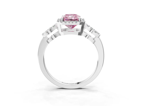 White gold Fancy Pink Radiant Cut Cut Halo Diamond Infinity Band with Four-Prong Setting
