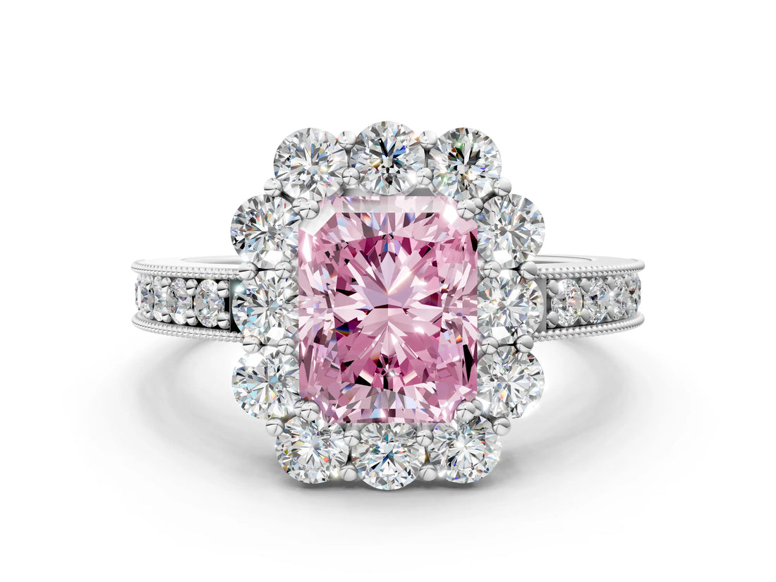 White gold Fancy Pink Radiant Cut Cut Halo Diamond Pavé Engagement Ring with Milgrain Detailing_12