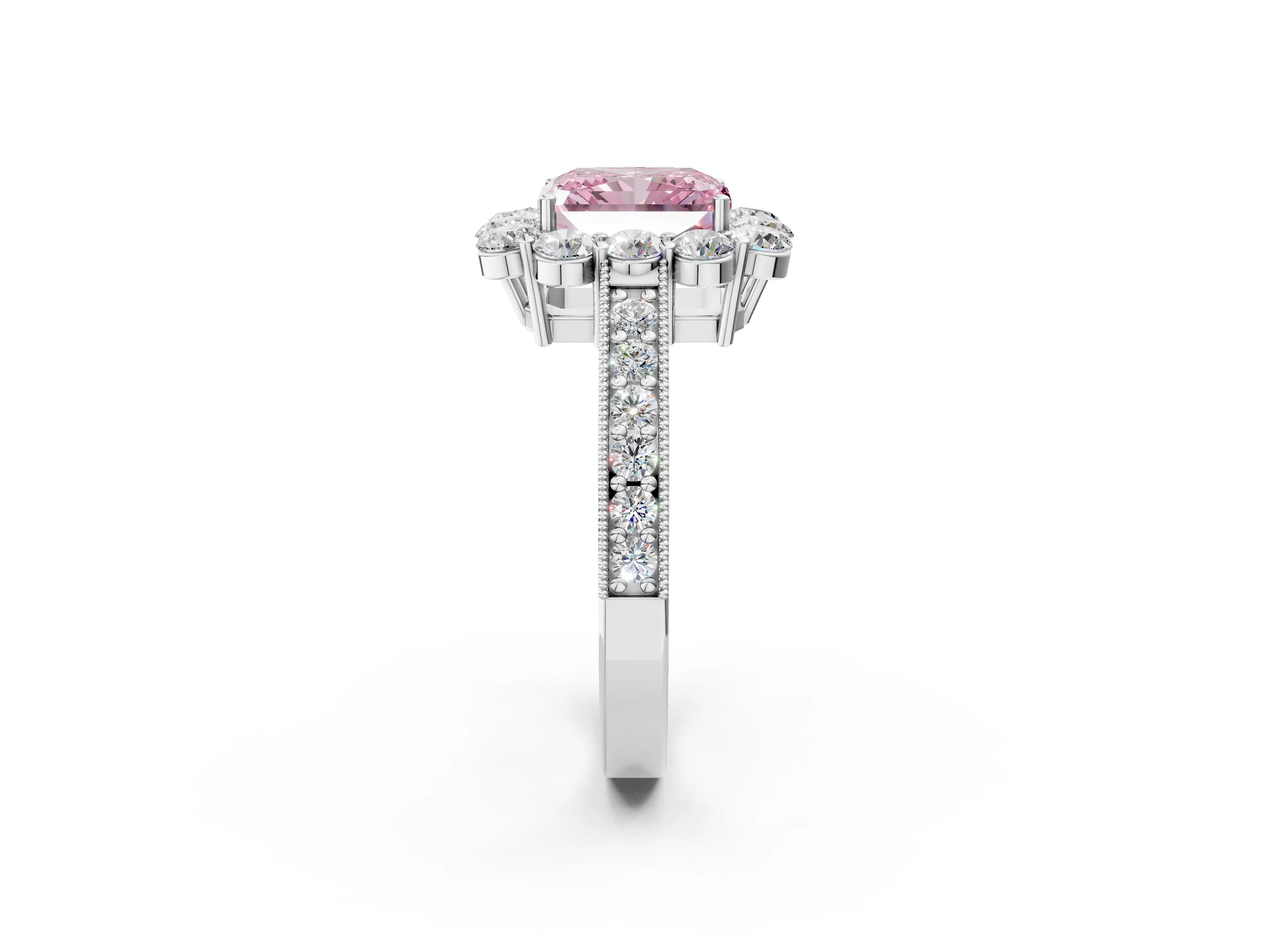 White gold Fancy Pink Radiant Cut Cut Halo Diamond Pavé Engagement Ring with Milgrain Detailing_14