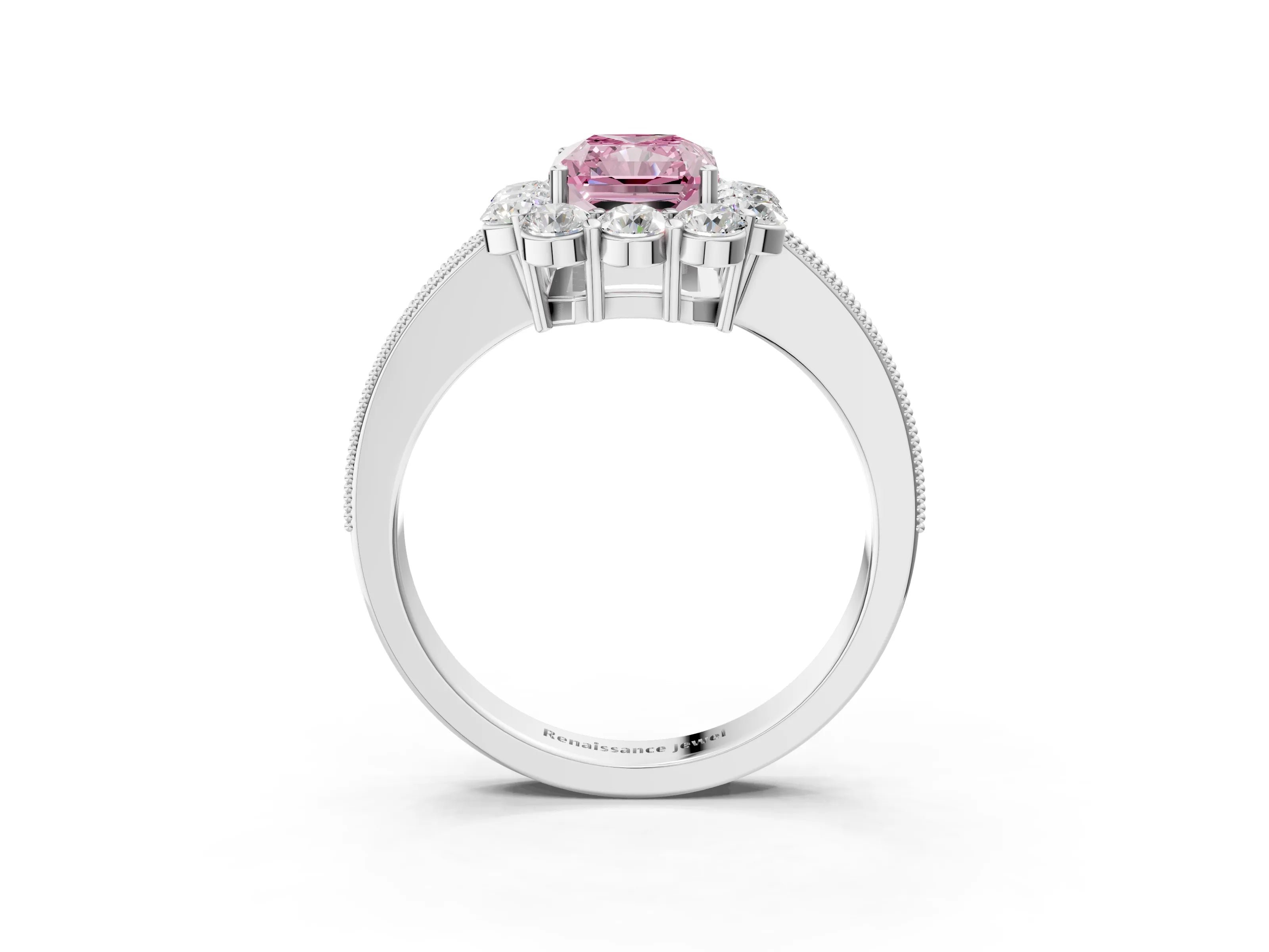 White gold Fancy Pink Radiant Cut Cut Halo Diamond Pavé Engagement Ring with Milgrain Detailing_15