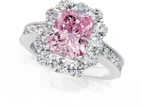 White gold Fancy Pink Radiant Cut Cut Halo Diamond Pavé Engagement Ring with Milgrain Detailing_1