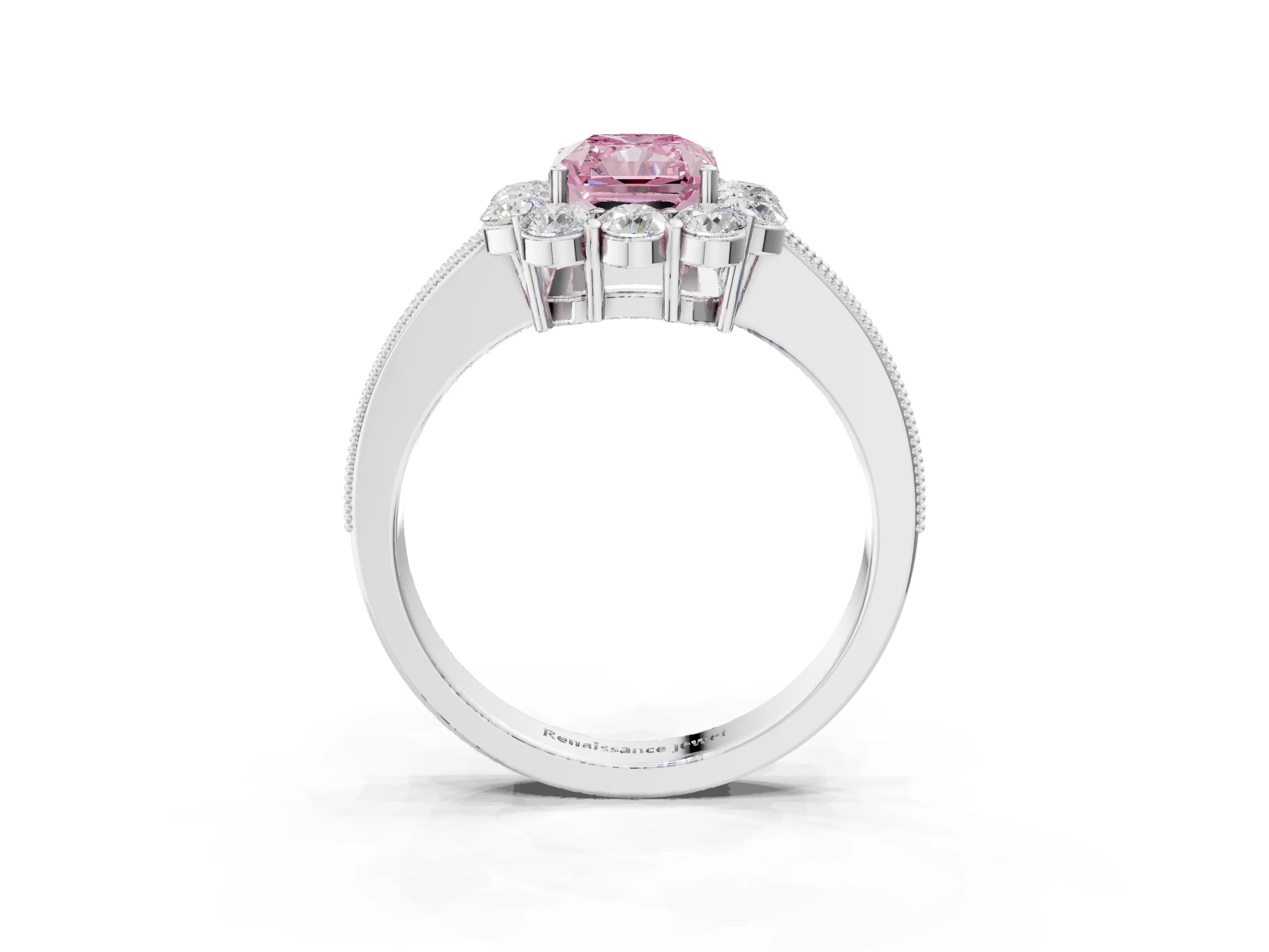 White gold Fancy Pink Radiant Cut Cut Halo Diamond Pavé Engagement Ring with Milgrain Detailing_3