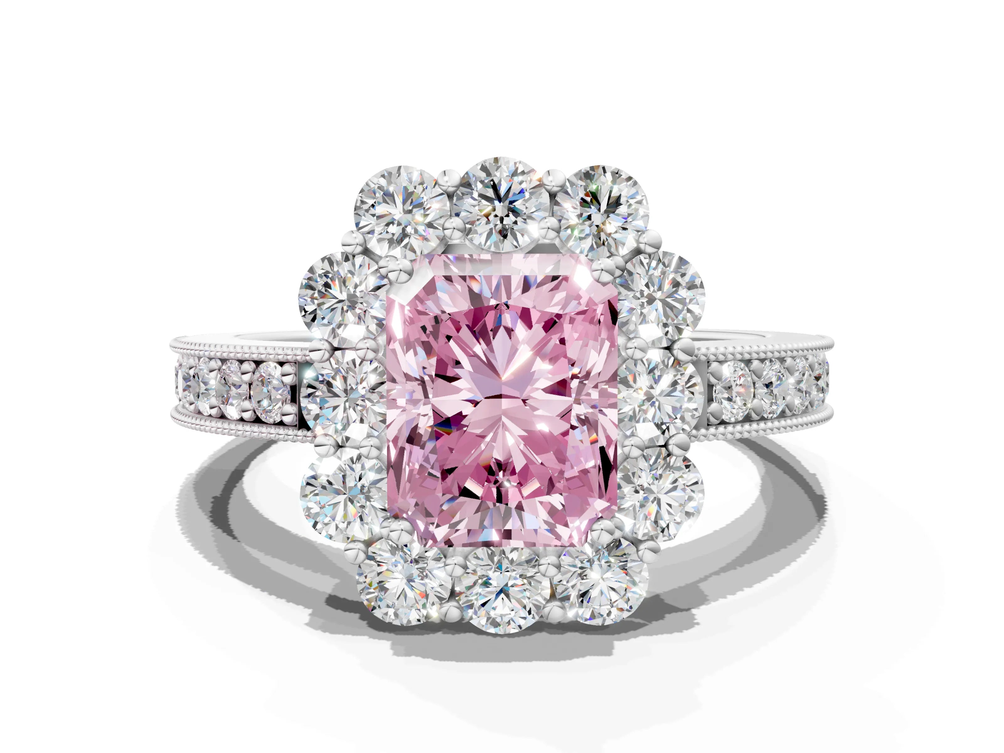 White gold Fancy Pink Radiant Cut Cut Halo Diamond Pavé Engagement Ring with Milgrain Detailing