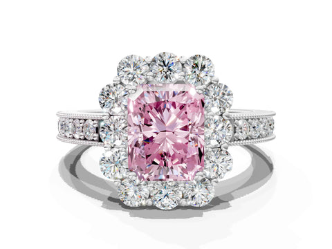 White gold Fancy Pink Radiant Cut Cut Halo Diamond Pavé Engagement Ring with Milgrain Detailing
