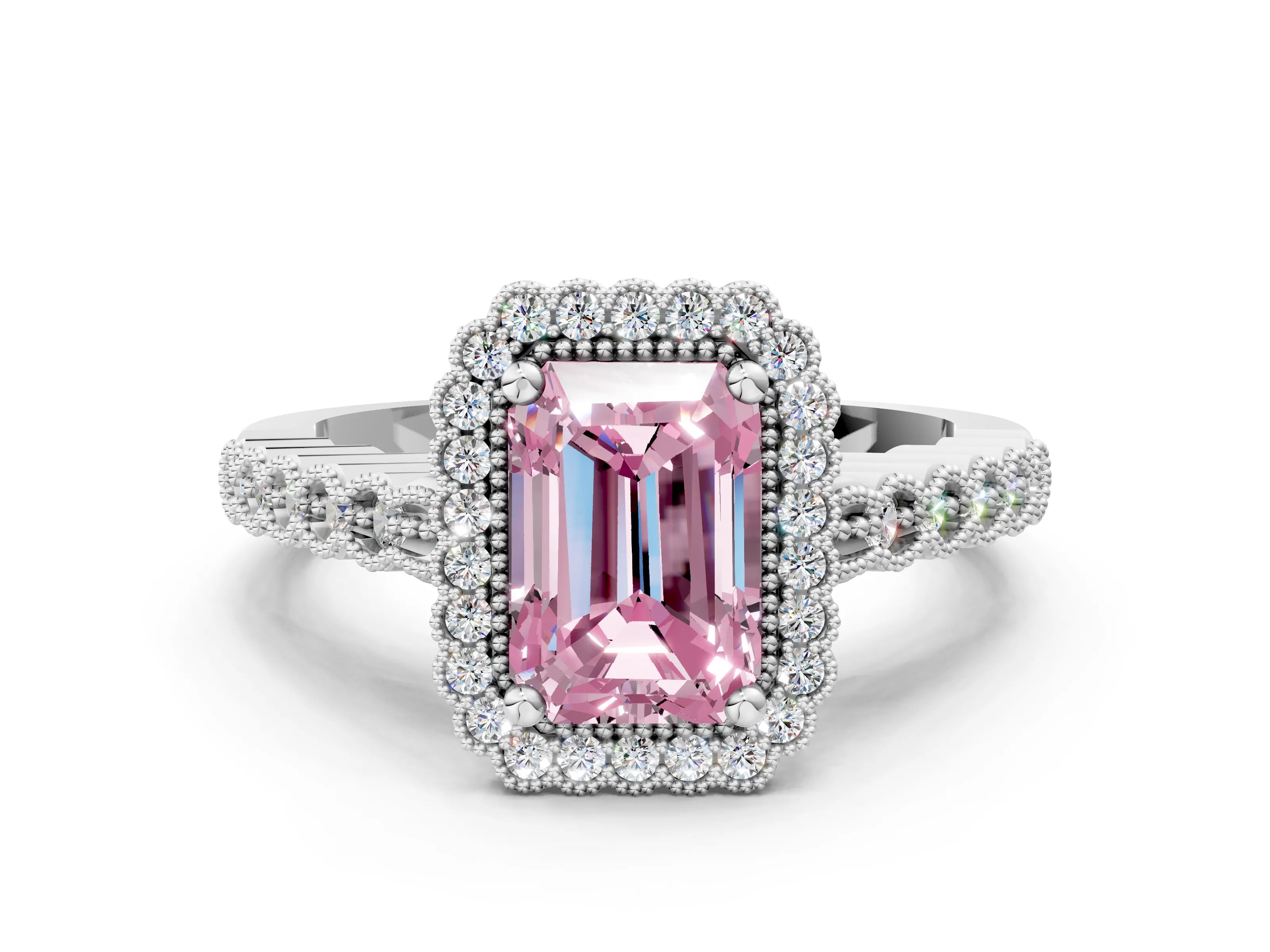 White gold Fancy Pink Radiant Cut Cut Halo Pavé Solitaire Ring with Milgrain Band_12