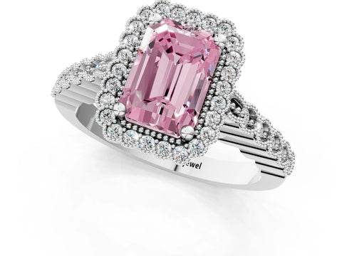 White gold Fancy Pink Radiant Cut Cut Halo Pavé Solitaire Ring with Milgrain Band_13