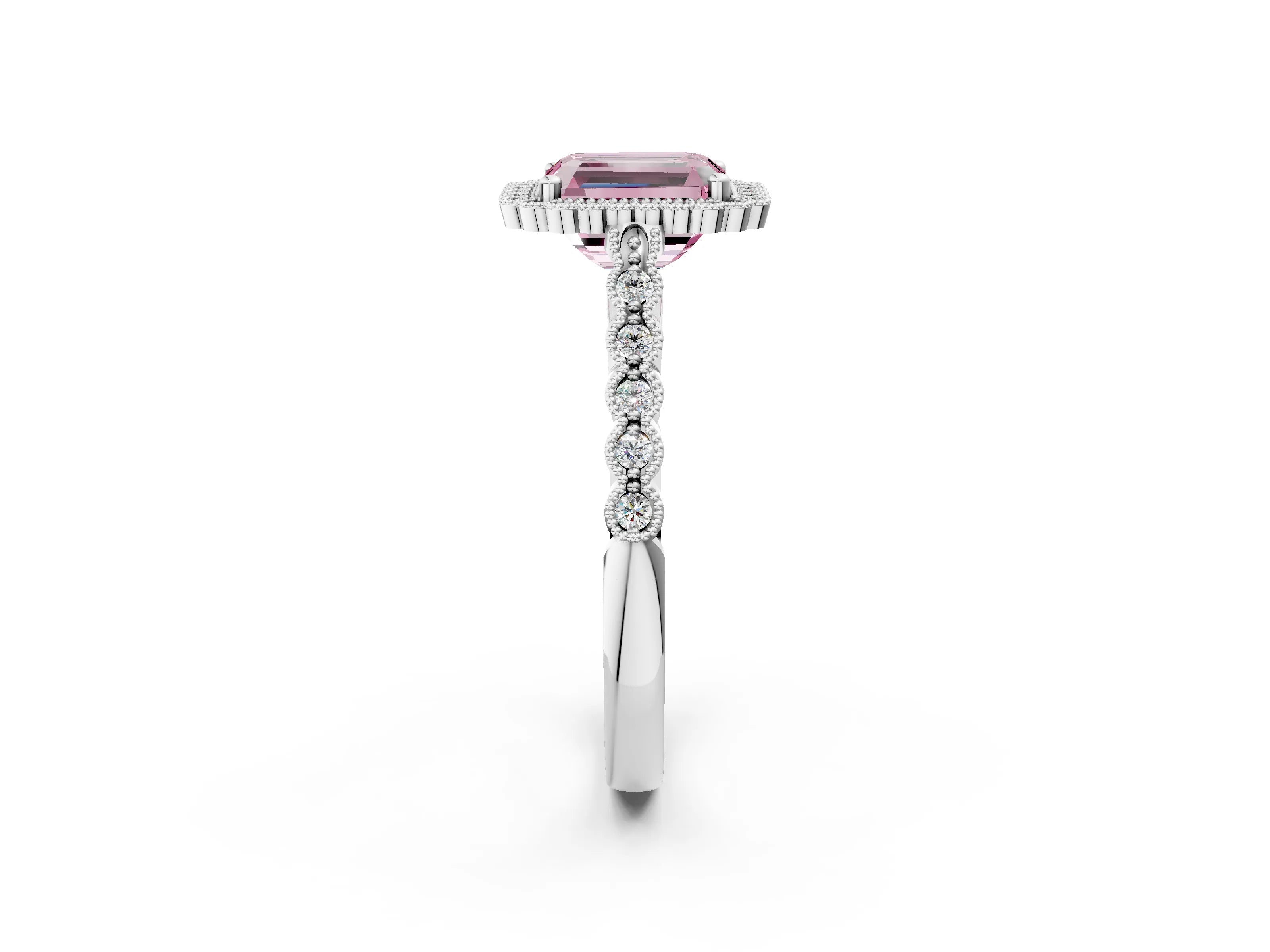 White gold Fancy Pink Radiant Cut Cut Halo Pavé Solitaire Ring with Milgrain Band_14