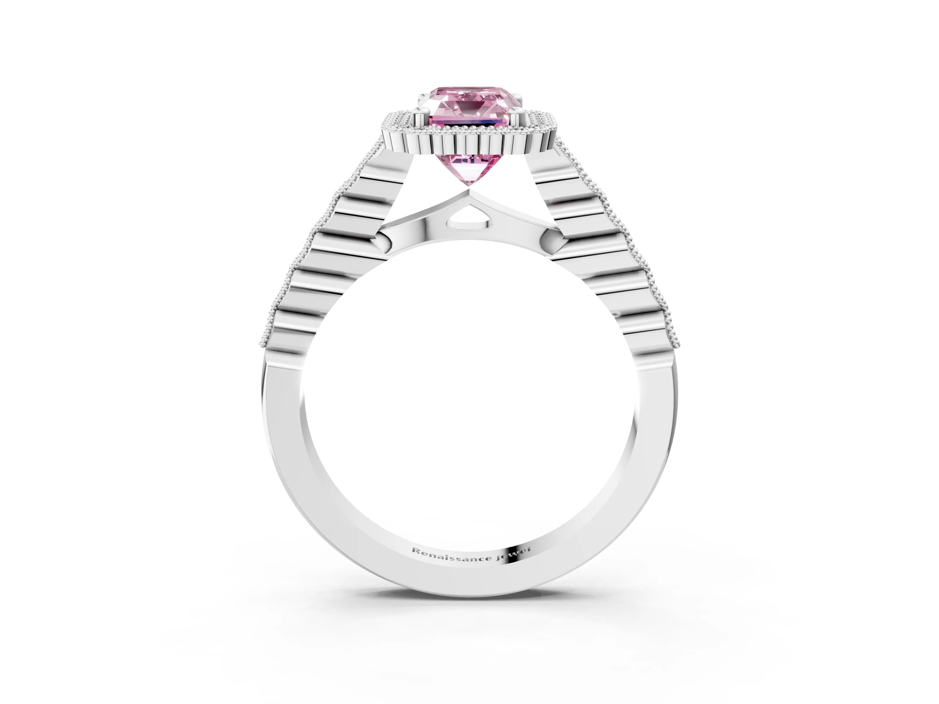 White gold Fancy Pink Radiant Cut Cut Halo Pavé Solitaire Ring with Milgrain Band_15