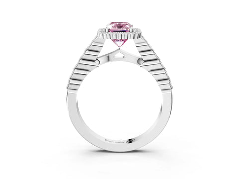White gold Fancy Pink Radiant Cut Cut Halo Pavé Solitaire Ring with Milgrain Band_15