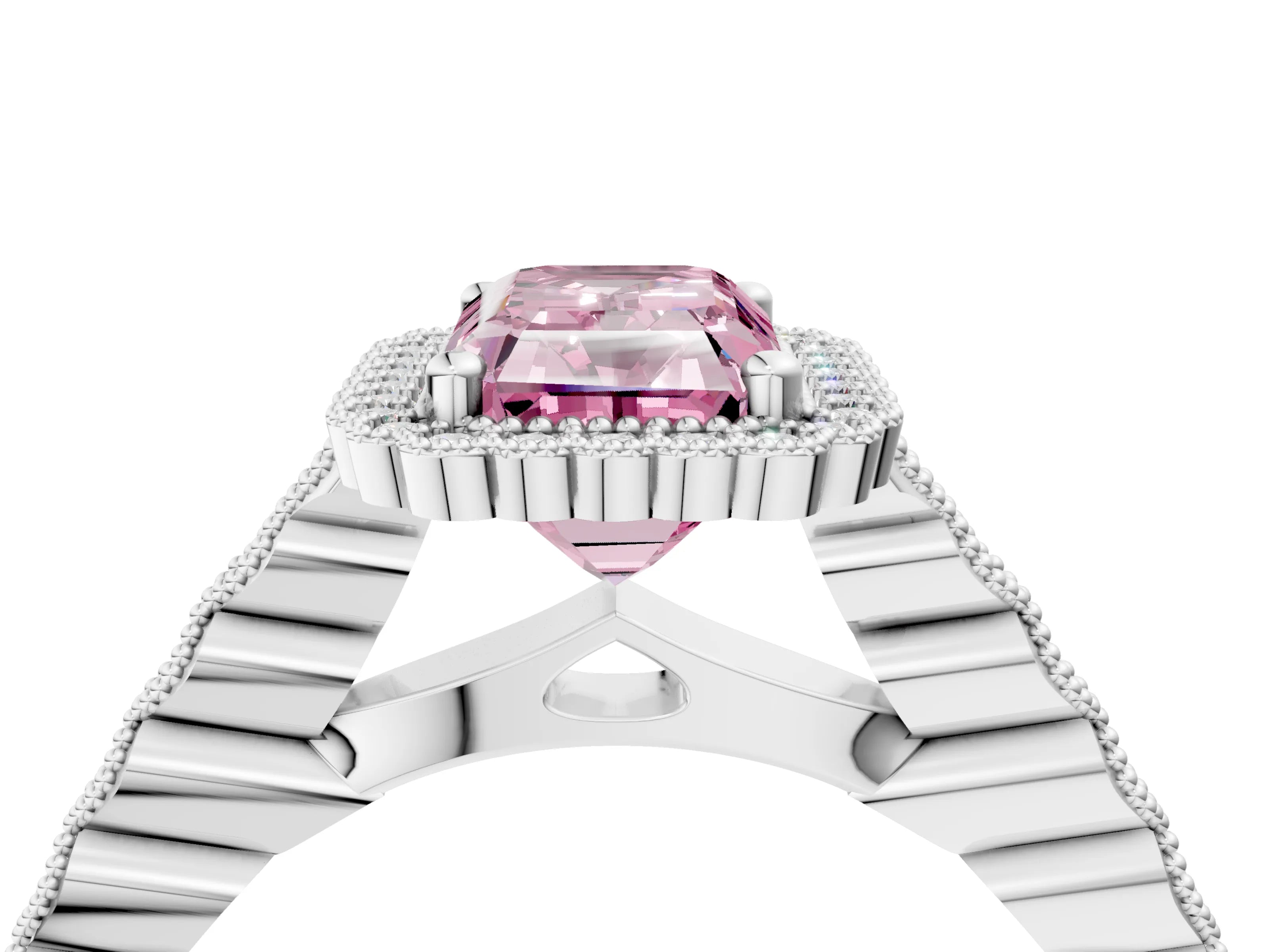 White gold Fancy Pink Radiant Cut Cut Halo Pavé Solitaire Ring with Milgrain Band_16