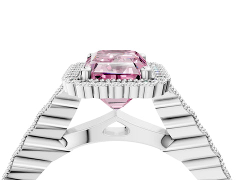White gold Fancy Pink Radiant Cut Cut Halo Pavé Solitaire Ring with Milgrain Band_16