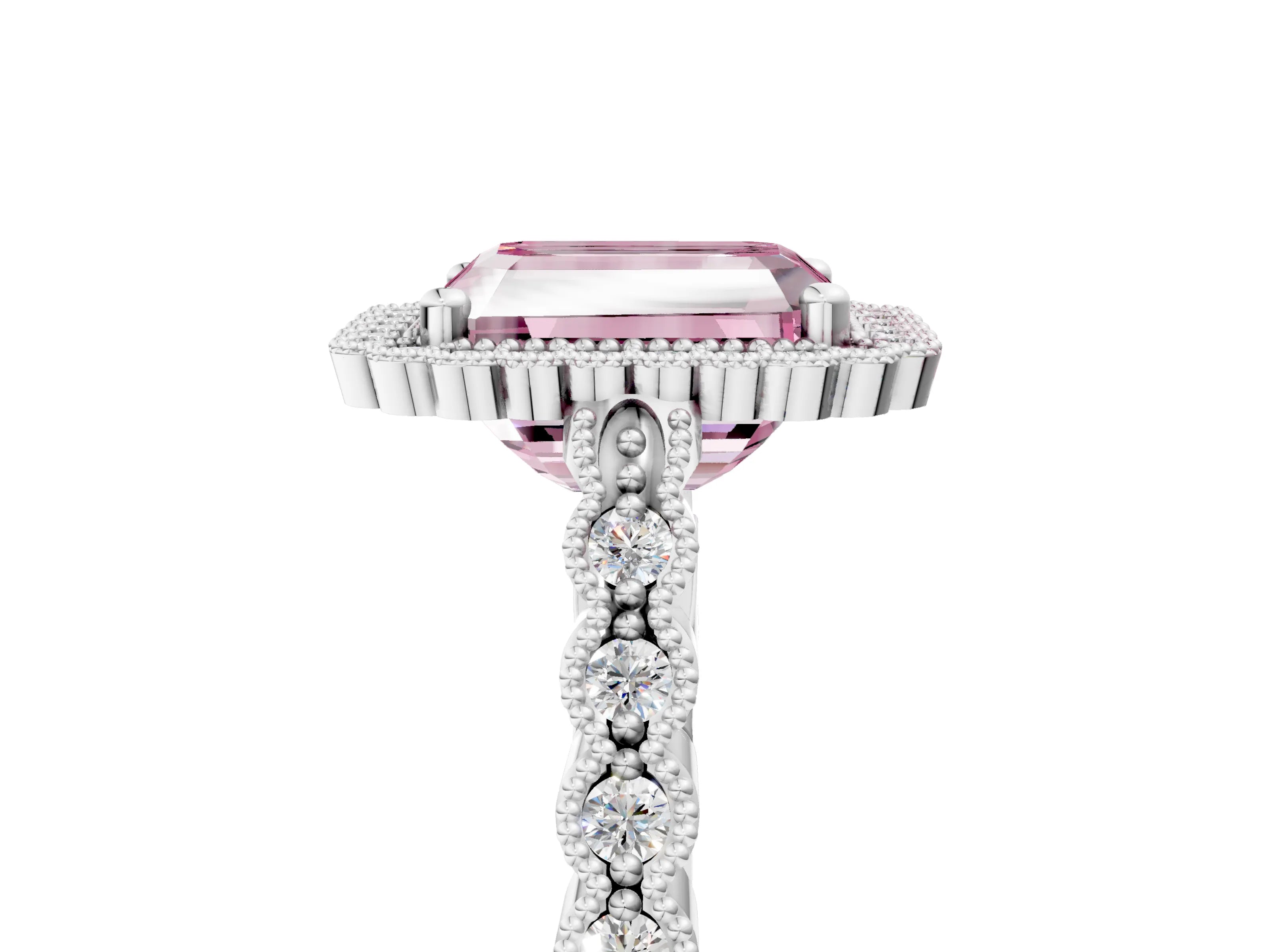 White gold Fancy Pink Radiant Cut Cut Halo Pavé Solitaire Ring with Milgrain Band_17