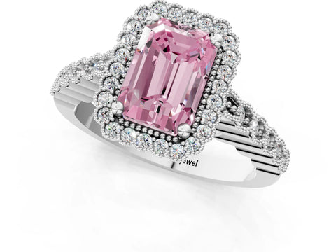 White gold Fancy Pink Radiant Cut Cut Halo Pavé Solitaire Ring with Milgrain Band_1