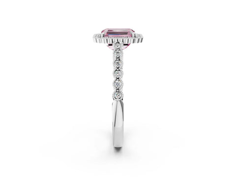 White gold Fancy Pink Radiant Cut Cut Halo Pavé Solitaire Ring with Milgrain Band_2