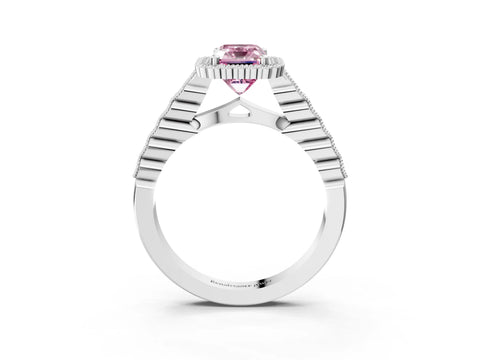 White gold Fancy Pink Radiant Cut Cut Halo Pavé Solitaire Ring with Milgrain Band_3