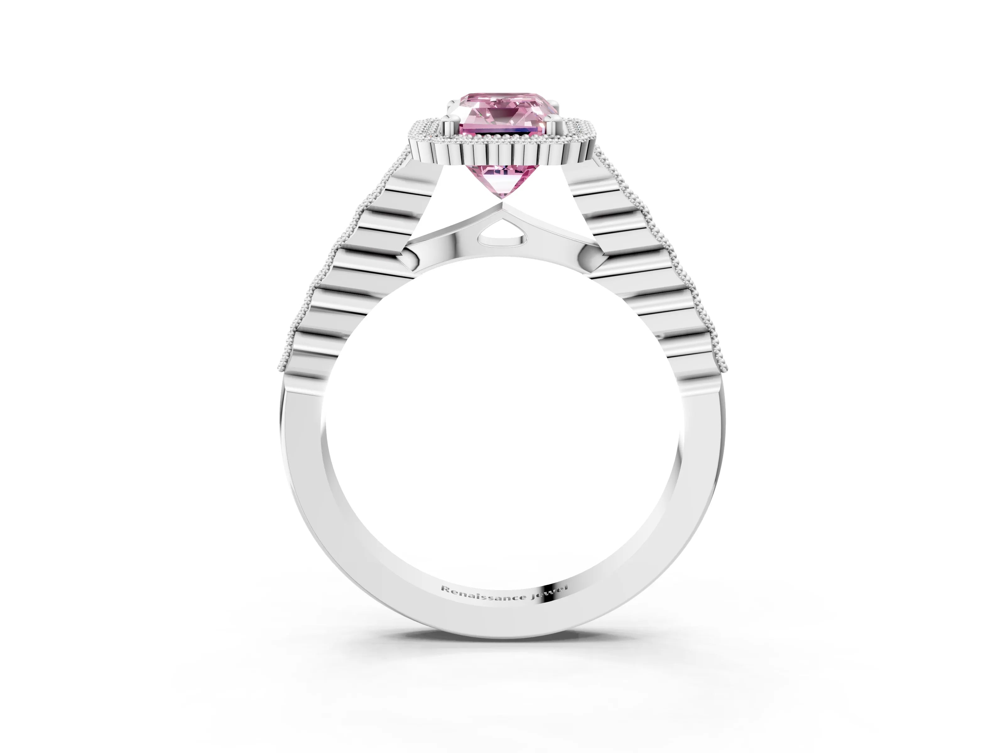 White gold Fancy Pink Radiant Cut Cut Halo Pavé Solitaire Ring with Milgrain Band_3