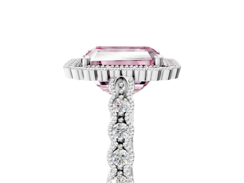 White gold Fancy Pink Radiant Cut Cut Halo Pavé Solitaire Ring with Milgrain Band_5