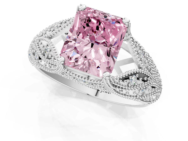 White gold Fancy Pink Radiant Cut Cut Milgrain Pave Diamond Engagement Ring with Four-Prong Setting