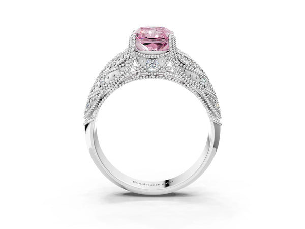 White gold Fancy Pink Radiant Cut Cut Milgrain Pave Diamond Engagement Ring with Four-Prong Setting