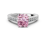 White gold Fancy Pink Radiant Cut Cut Pave Band Milgrain Solitaire Ring