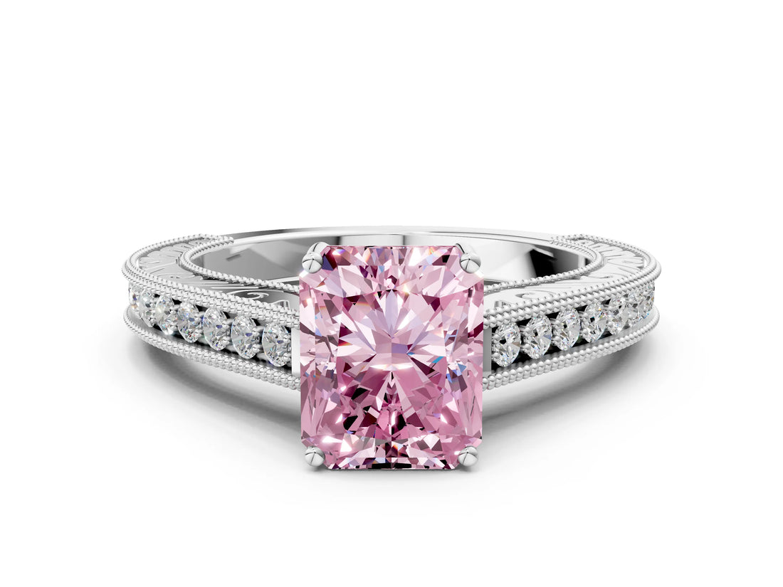 White gold Fancy Pink Radiant Cut Cut Pave Band Milgrain Solitaire Ring_19
