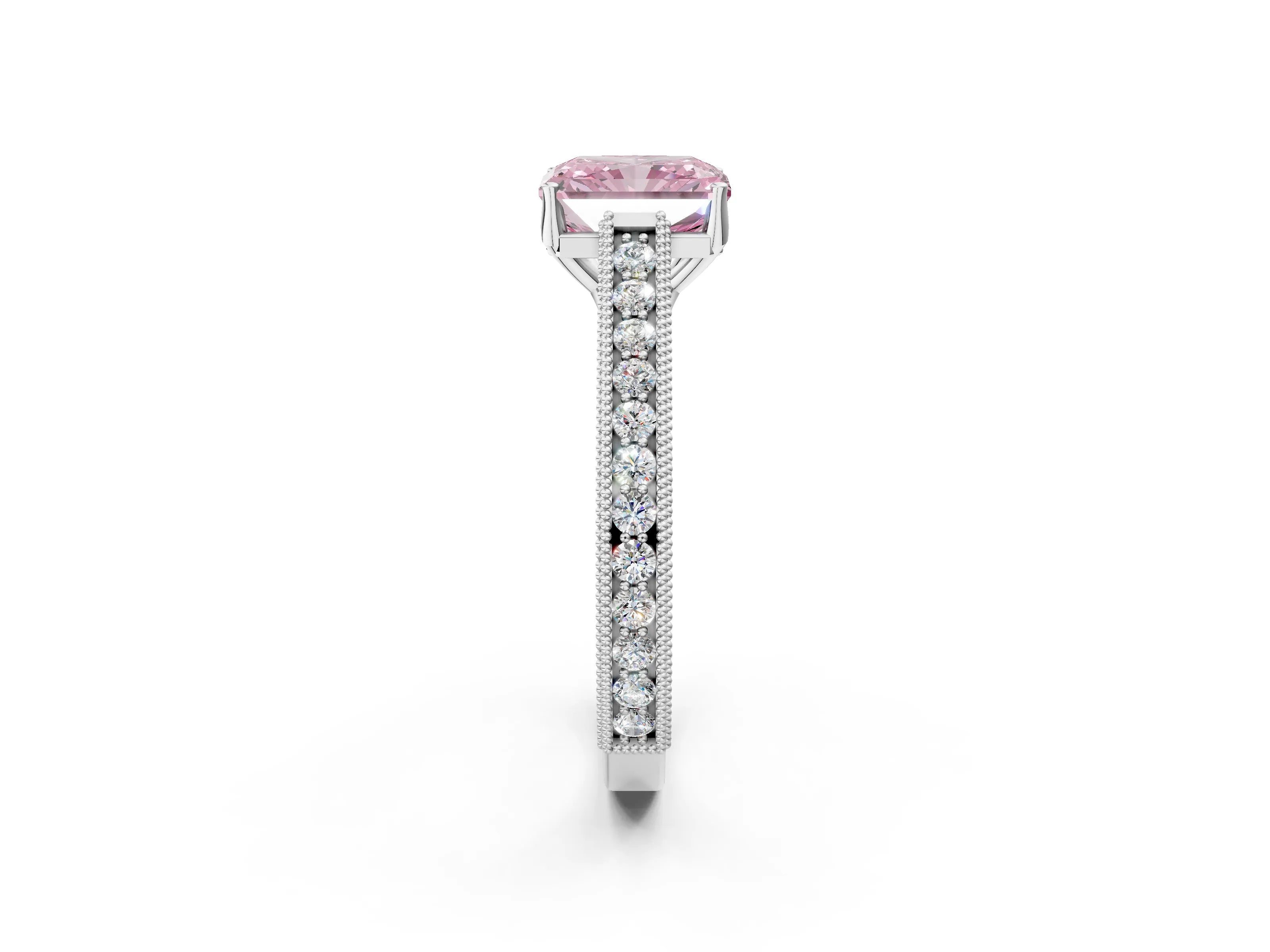White gold Fancy Pink Radiant Cut Cut Pave Band Milgrain Solitaire Ring_2