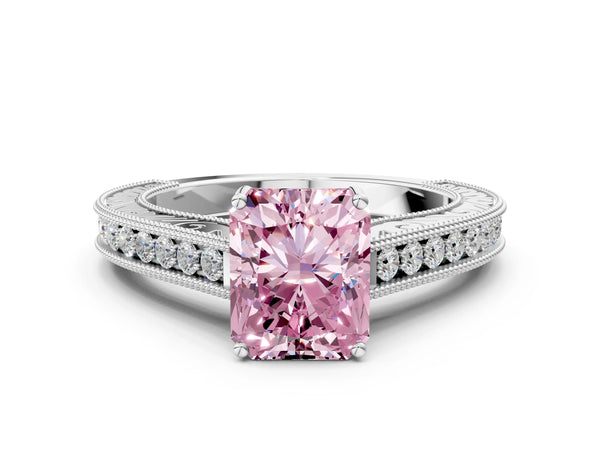 White gold Fancy Pink Radiant Cut Cut Pave Band Milgrain Solitaire Ring