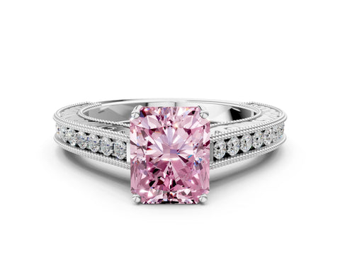 White gold Fancy Pink Radiant Cut Cut Pave Band Milgrain Solitaire Ring_6