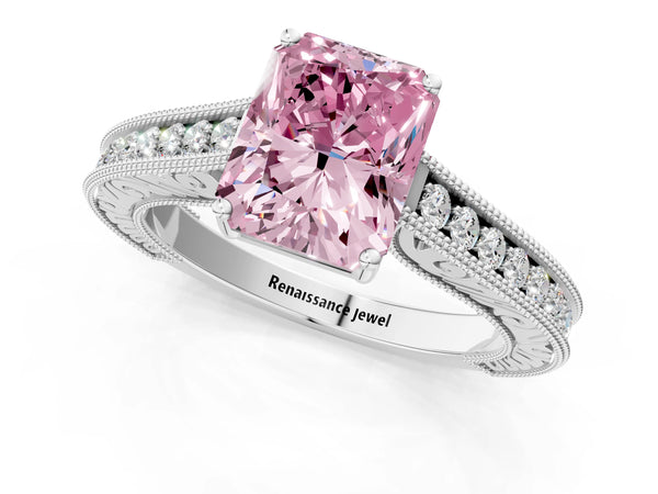 White gold Fancy Pink Radiant Cut Cut Pave Band Milgrain Solitaire Ring