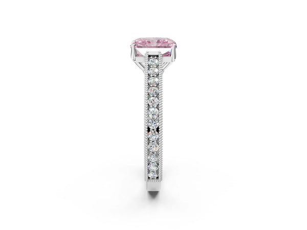 White gold Fancy Pink Radiant Cut Cut Pave Band Milgrain Solitaire Ring