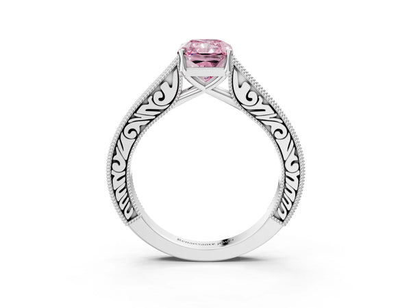 White gold Fancy Pink Radiant Cut Cut Pave Band Milgrain Solitaire Ring