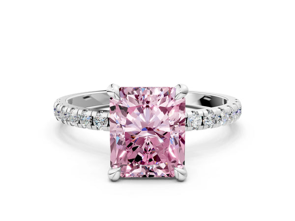 Platinum Fancy Pink Radiant Cut Diamond Brilliant Solitaire Ring with Pavé Band and Four-Prong Setting